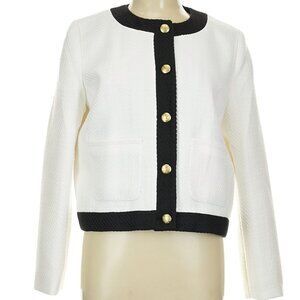 J. Crew White Tweed Lady Jacket Black Trim Brass Buttons 6P NWOT